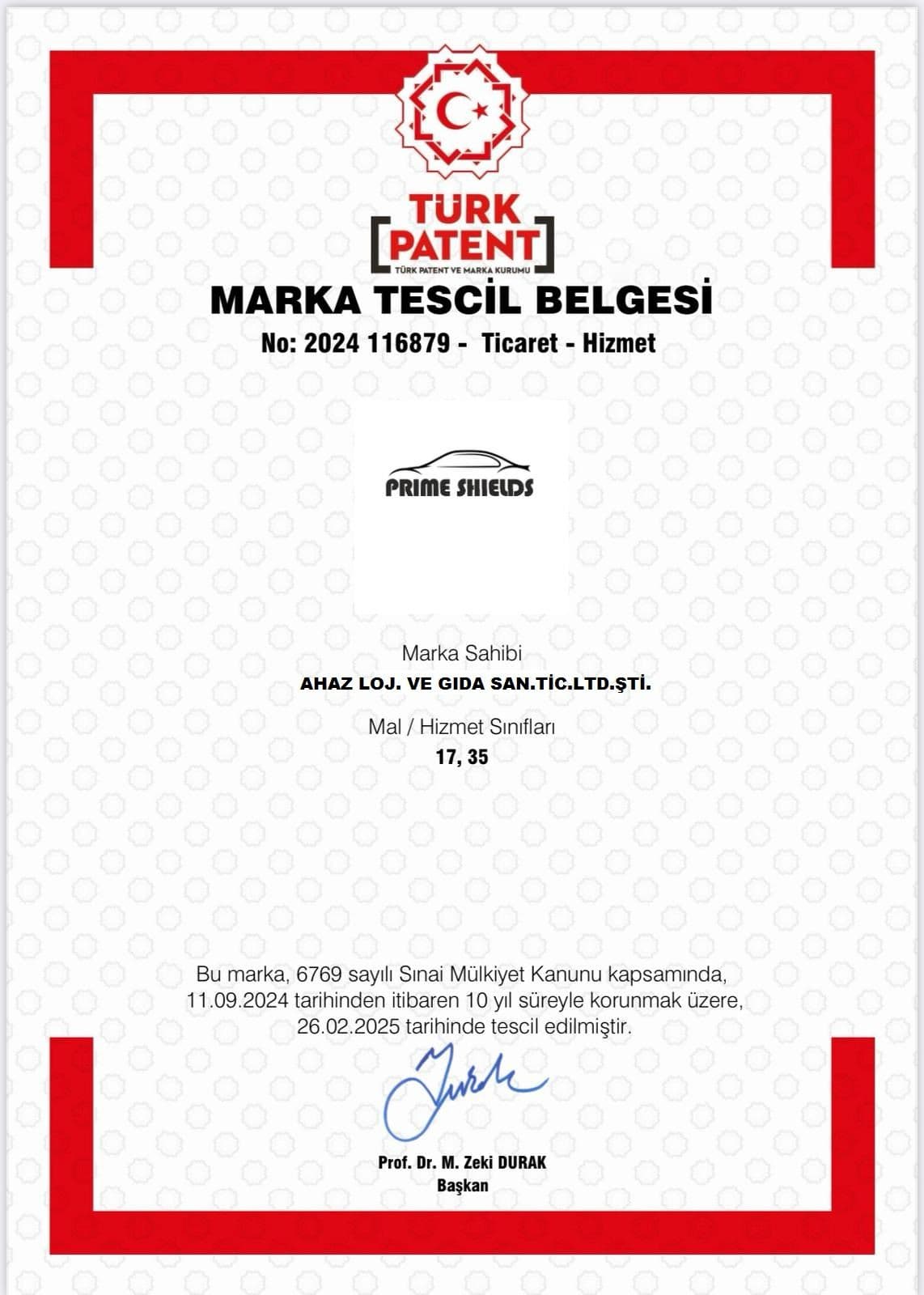 Prime Shields Marka Tescil Belgesi